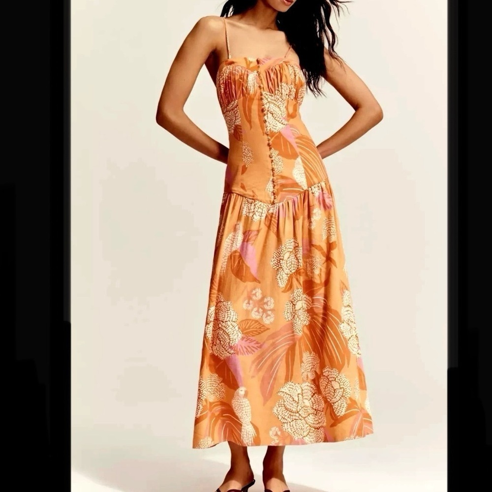 Farm Rio x Anthropologie Maxi Dress Linen Blend Drop Waist Orange​​​​​